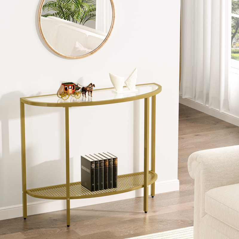Glass Half Moon Console Table 2 Tier Narrow Entryway Table With Gold Metal Frames Modern Couch Table Small Entry Way Tables Easy Assembly Clear